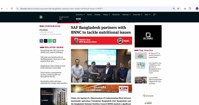 SAF Bangladesh partners with BNNC to tackle nutritional issues